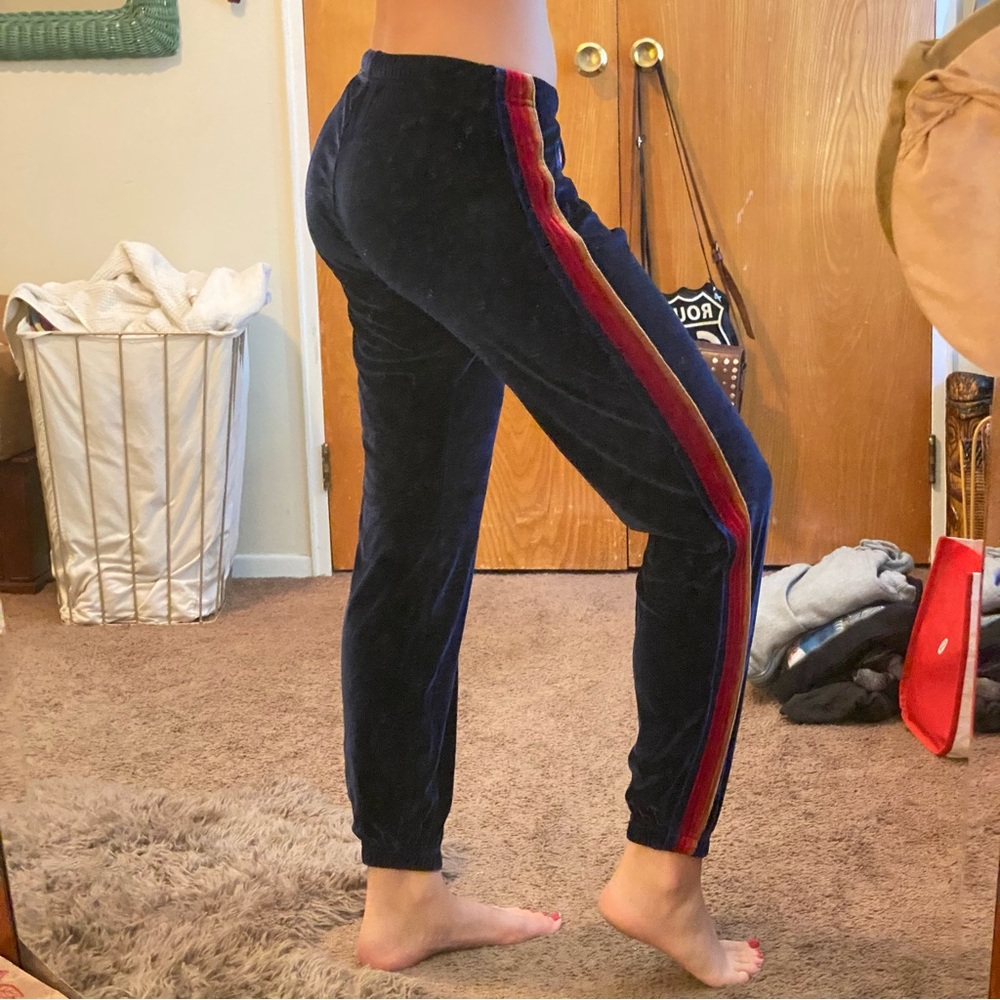 Aviator Nation Velvet Jogger Sweatpants Navy Blue Rainbow Velvet Stripes